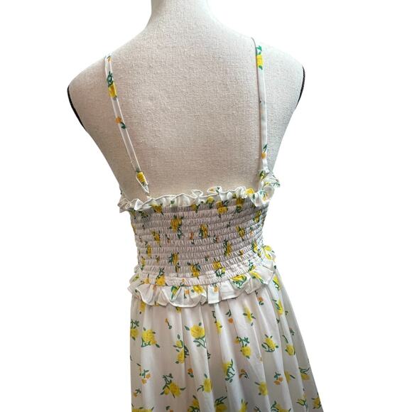 Betsey Johnson Maxi Dress Yellow Floral Smocked Size 6 White Ruffle Tiered - Picture 5 of 9